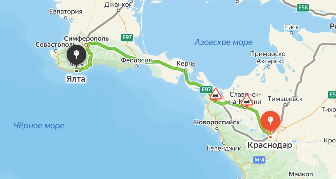 Скриншот карты Ялты с отмеченным домом и пляжем