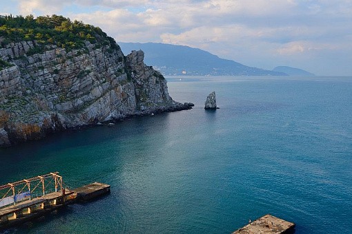 Мыс Ай-Тодор с замком Ласточкино гнездо и маяком, вид с моря в ясный день